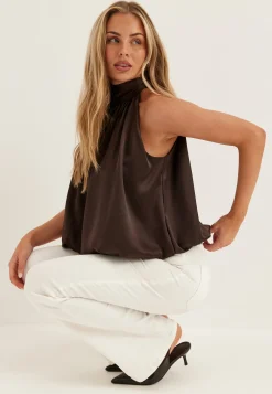 Bubble-Hem Halterneck Satin top