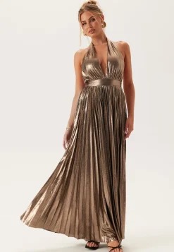 Deep V Pleated Halter Maxi Dre
