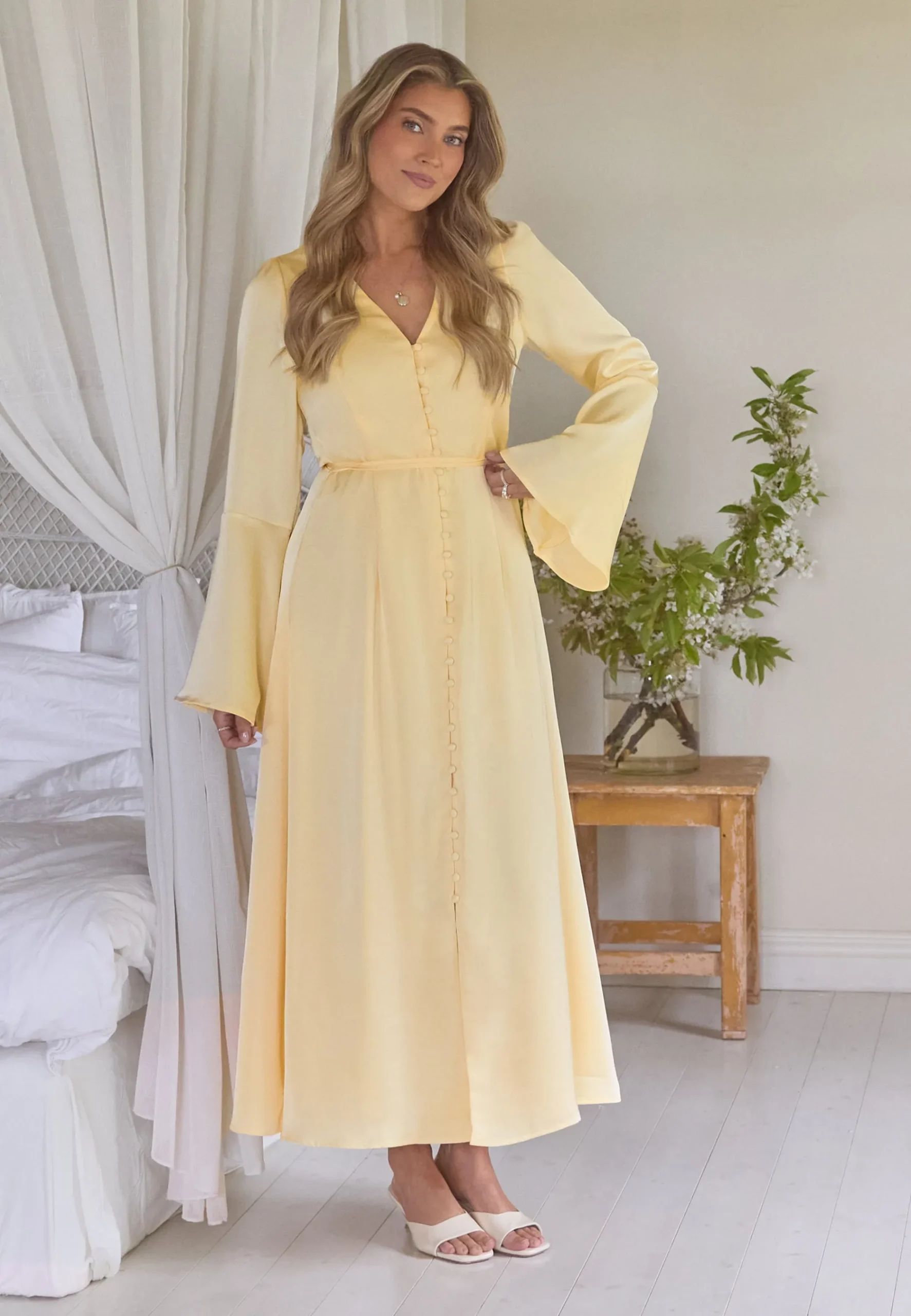 Flounce Sleeve Satin Maxi Dress