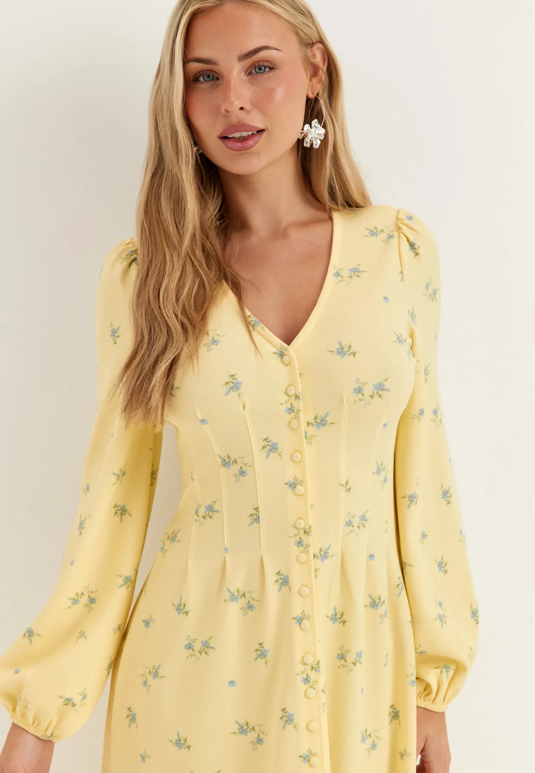 Midi Button Volume Sleeve Dress