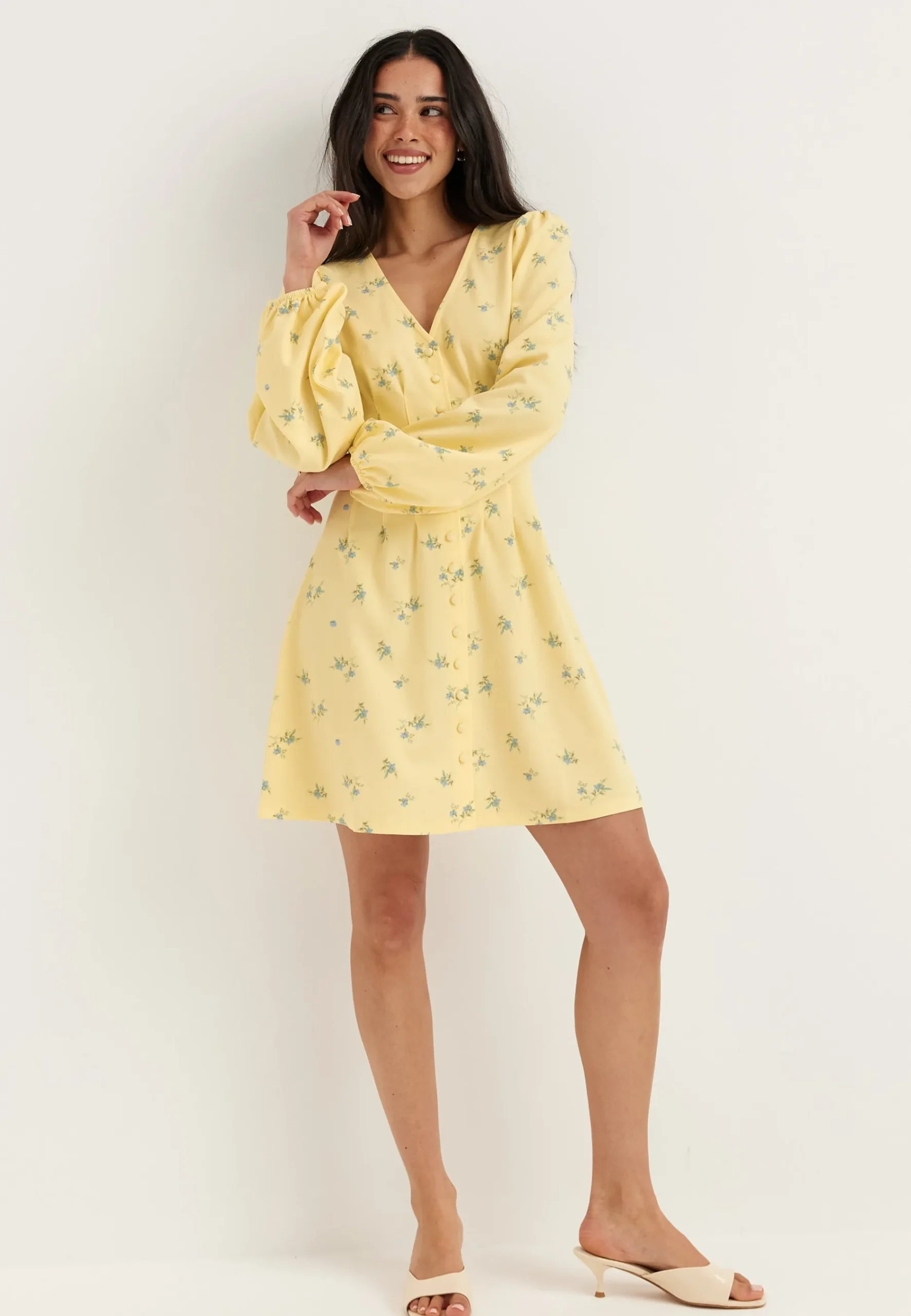 Mini Button Volume Sleeve Dress
