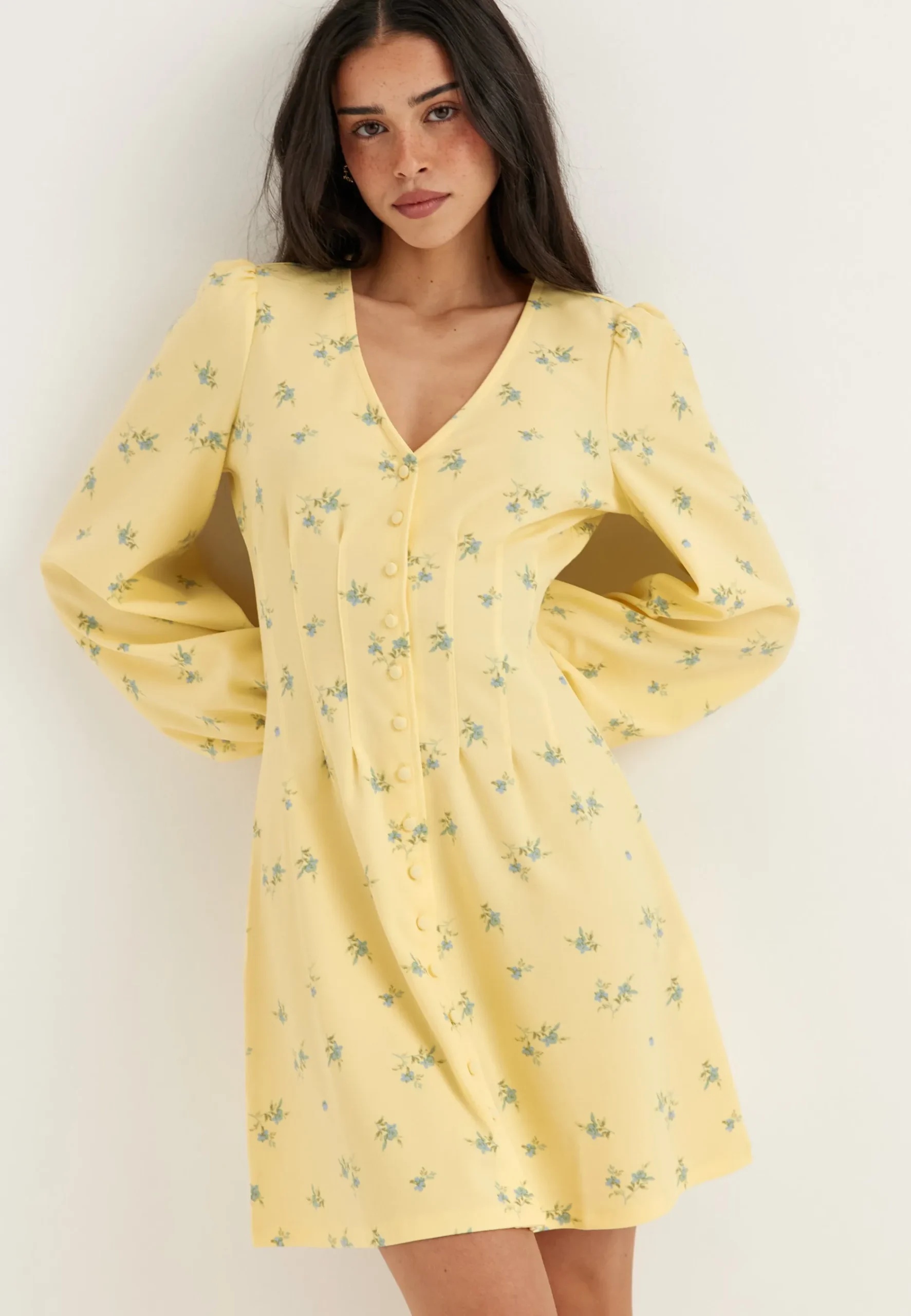 Mini Button Volume Sleeve Dress