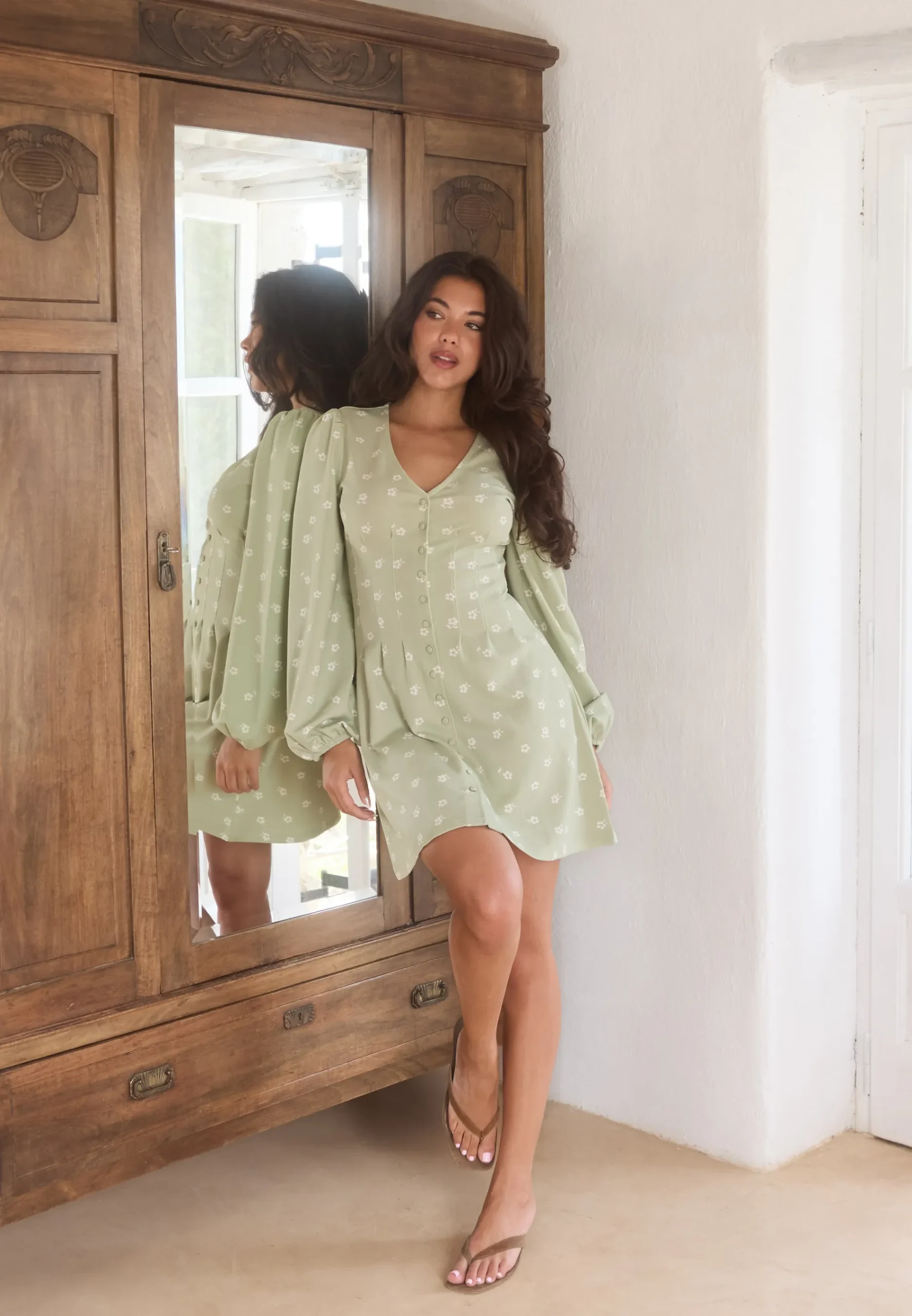 Mini Button Volume Sleeve Dress