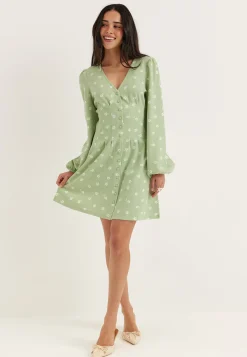 Mini Button Volume Sleeve Dress