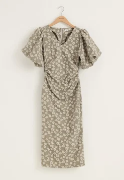 Puff Sleeve Jacquard Midi Dress